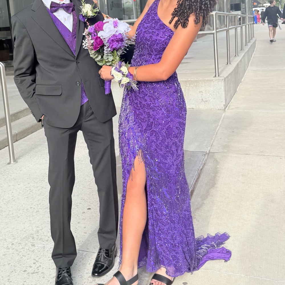 Purple Lace One-Shoulder Prom Gown (beads and sparkles) - Picture 3 of 4